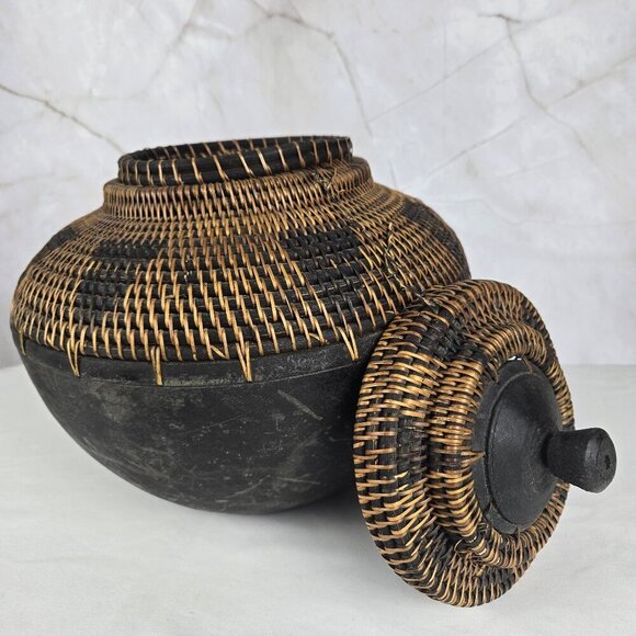Wood and Rattan Vessel with Removable Lid Brown & Black Handmade in Indonesia - Picture 5 of 11